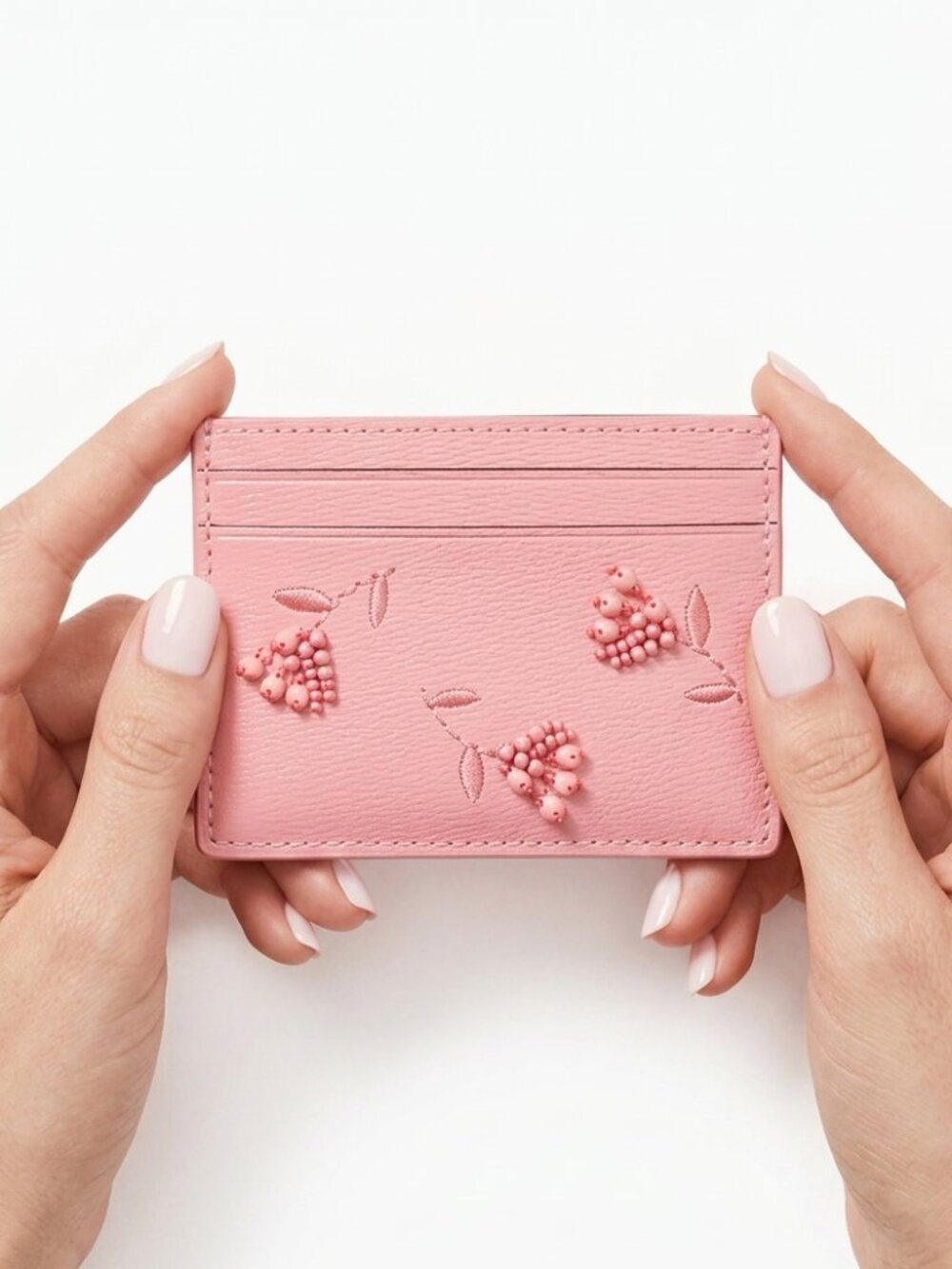 Kate Spade Pink Saffiano Leather Beaded Floral Card Holder - NWT - Picture 1 of 7